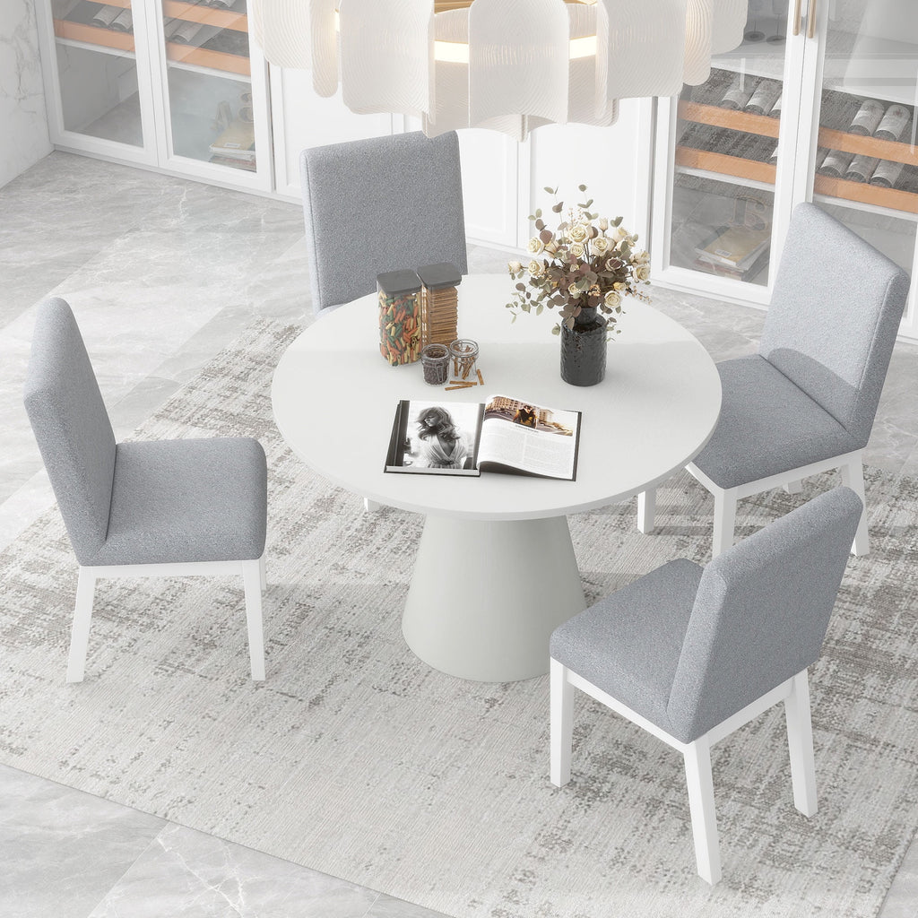 White 5 Piece Round Wood Dining Table Set with 4 Upholstered Chairs J80101