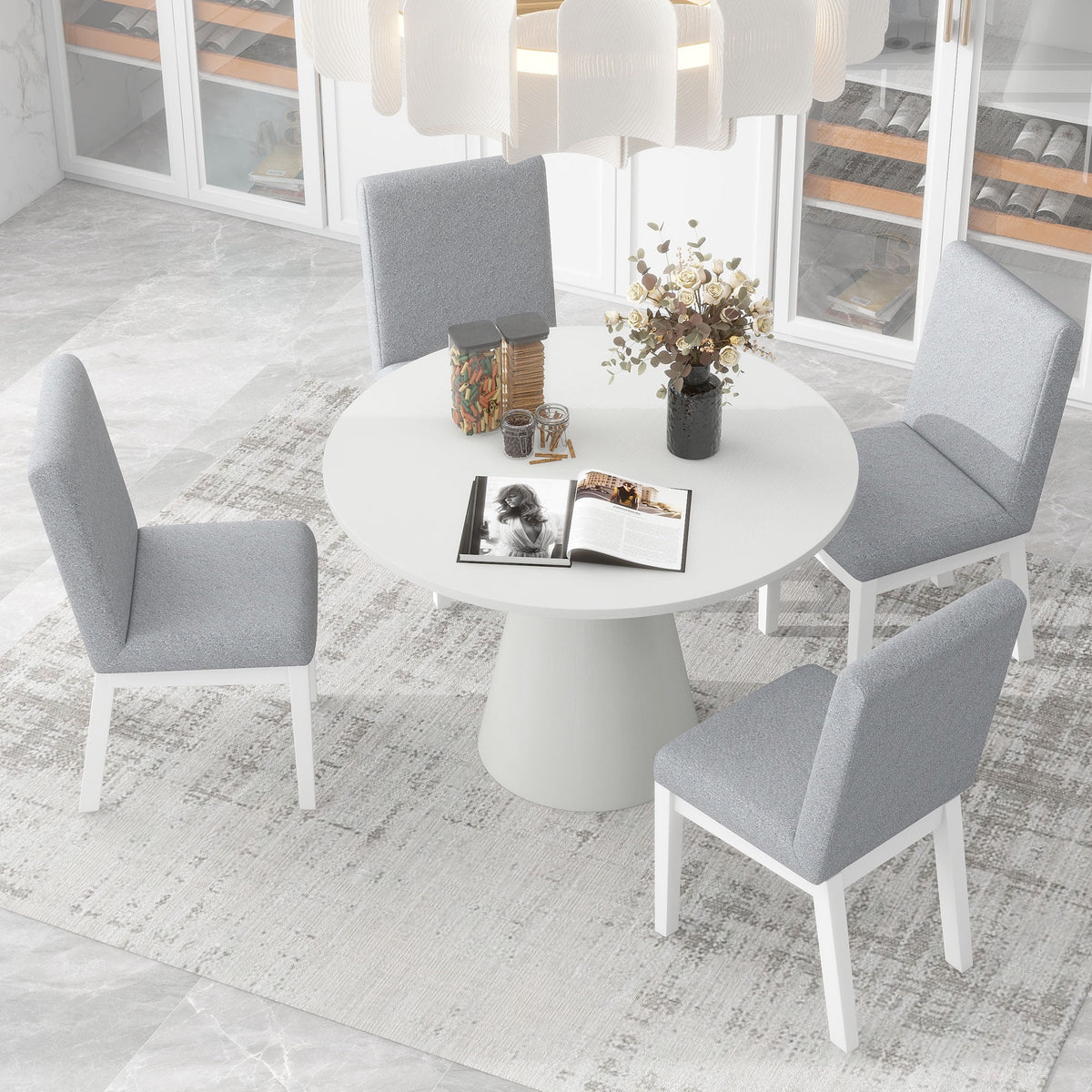 White 5 Piece Round Wood Dining Table Set with 4 Upholstered Chairs J80101