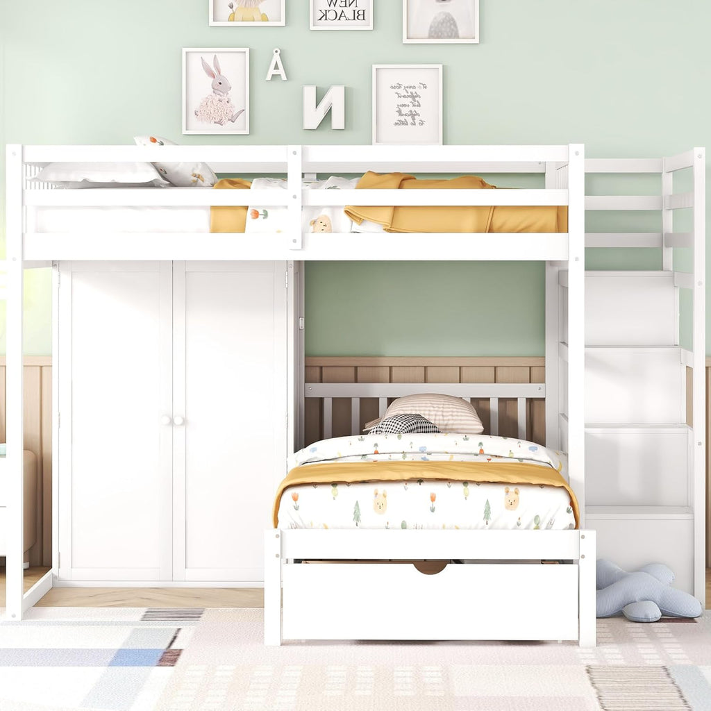 White Wood Bunk Bed with Wardrobe, Staircase and Drawers G8872