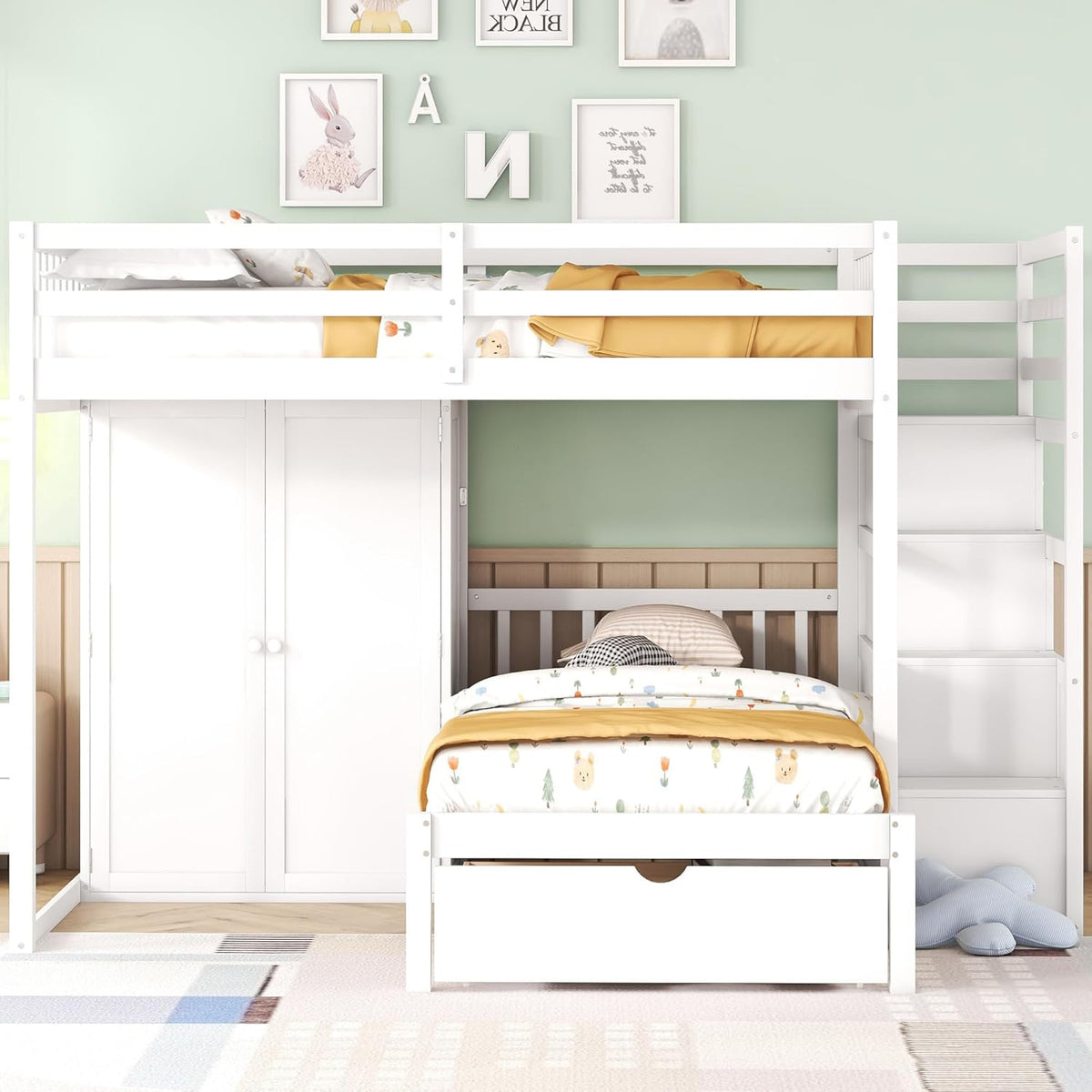White Wood Bunk Bed with Wardrobe, Staircase and Drawers G8872