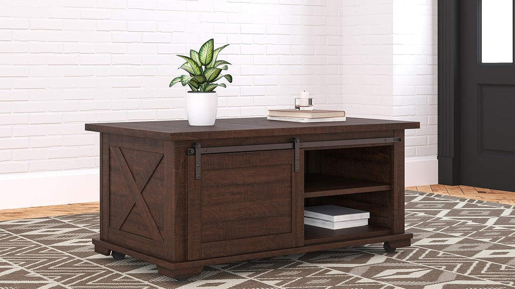 Farmhouse Rectangular Coffee Table with Sliding Barn Doors, Dark Brown V245741