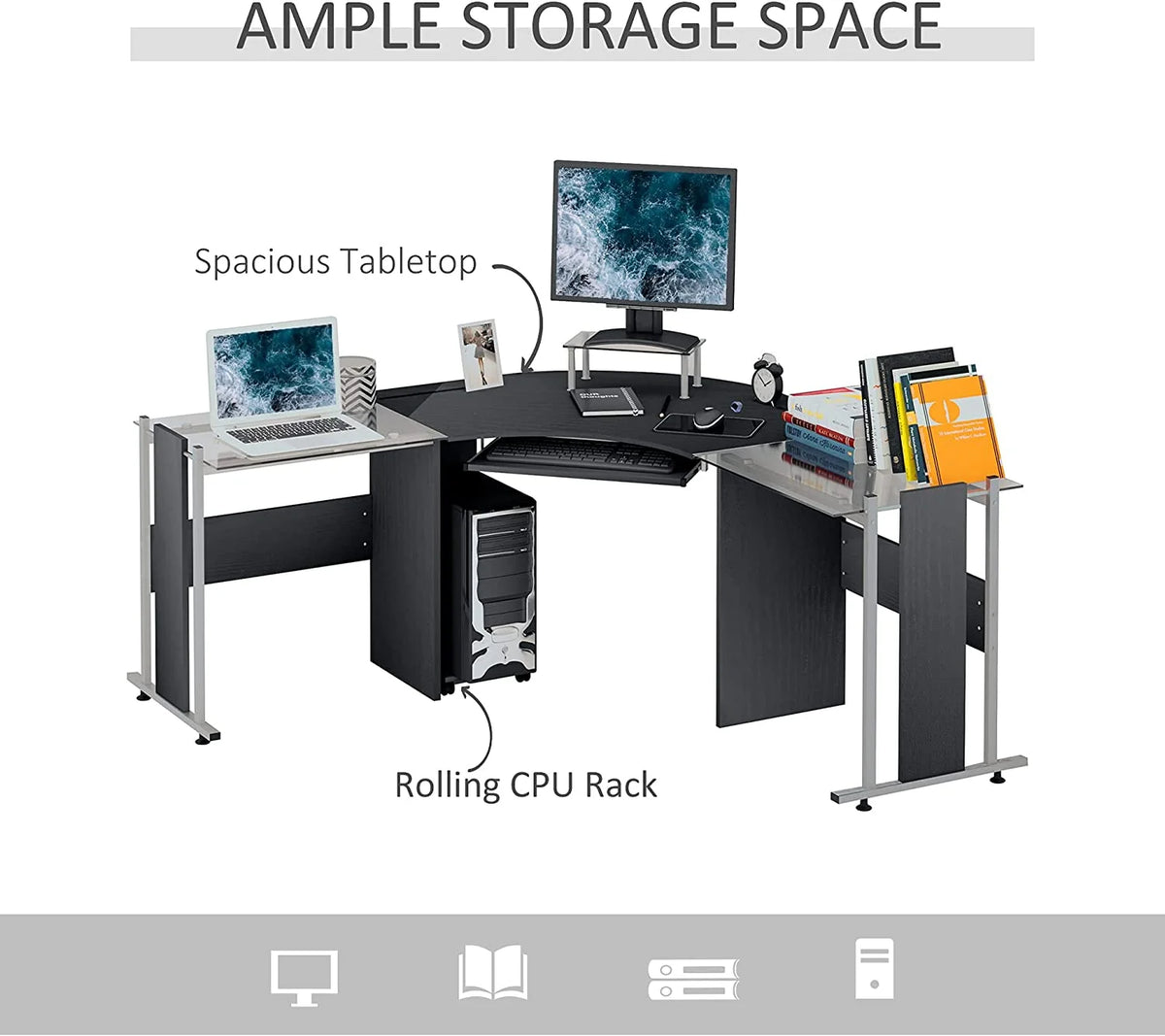 69" L-Shaped Tempered Glass Computer Desk with Monitor Stand U21241