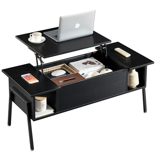 Black Wood Lift Top Coffee Table with Hidden Compartment and Storage Shelf C8988
