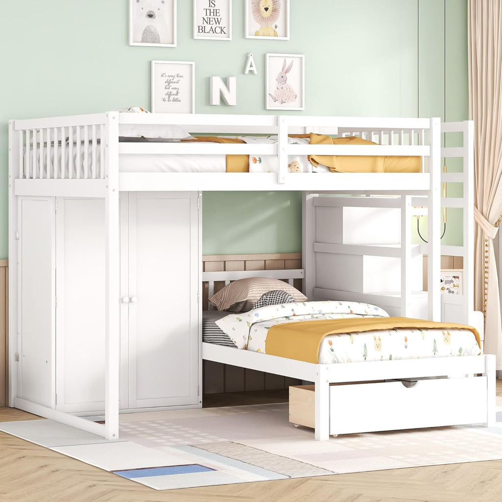 White Wood Bunk Bed with Wardrobe, Staircase and Drawers G8872