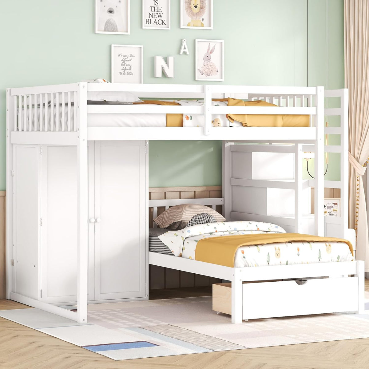 White Wood Bunk Bed with Wardrobe, Staircase and Drawers G8872