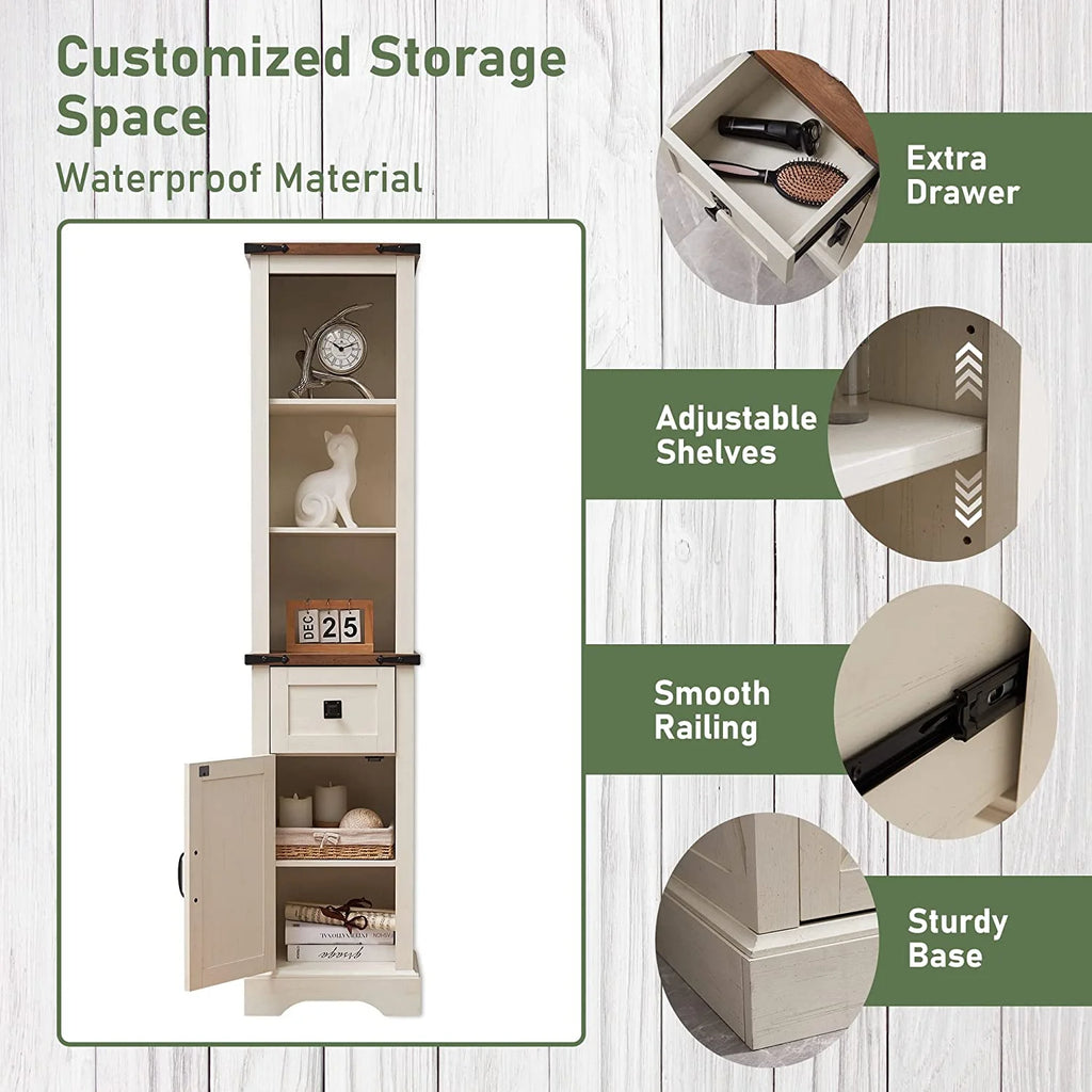 White 68" Farmhouse Bathroom Storage Cabinet with Drawer J23498