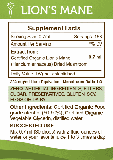 Organic Lion's Mane Dried Mushroom Alcohol Extract 2x4 oz A537