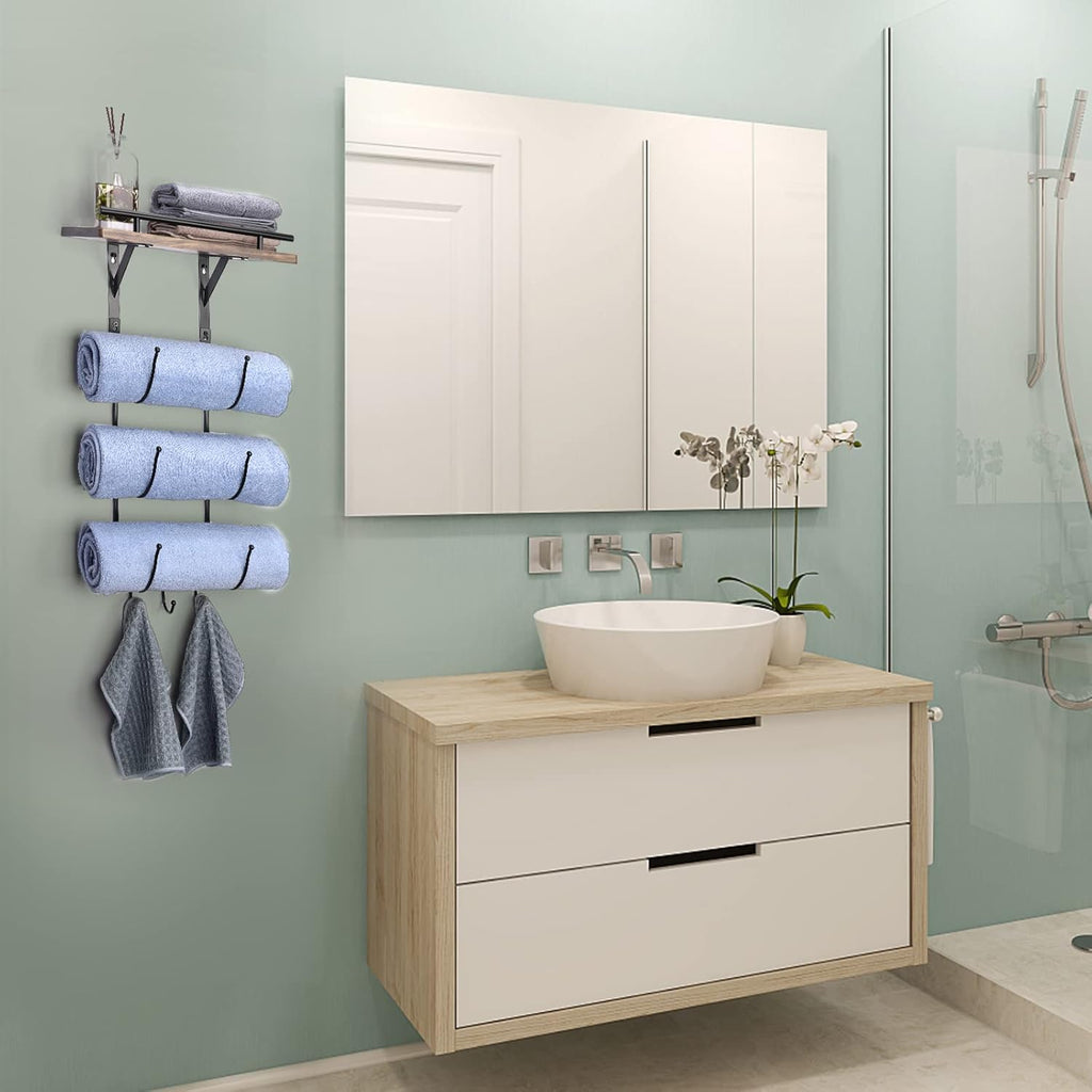 Metal Towel Rack with Wooden Shelf and 3 Hooks E698