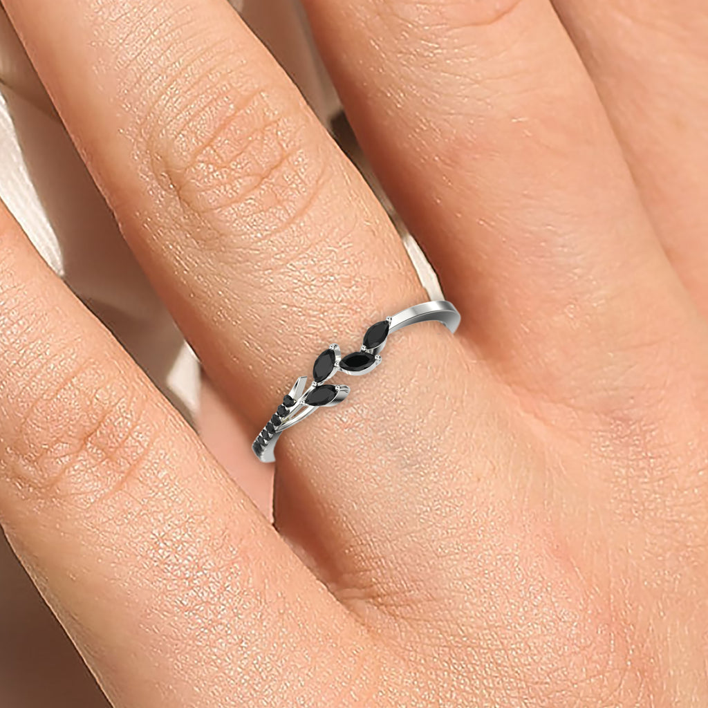 18K White Gold Over Silver Marquise Cut Black Diamond Moissanite Wedding Band C1228