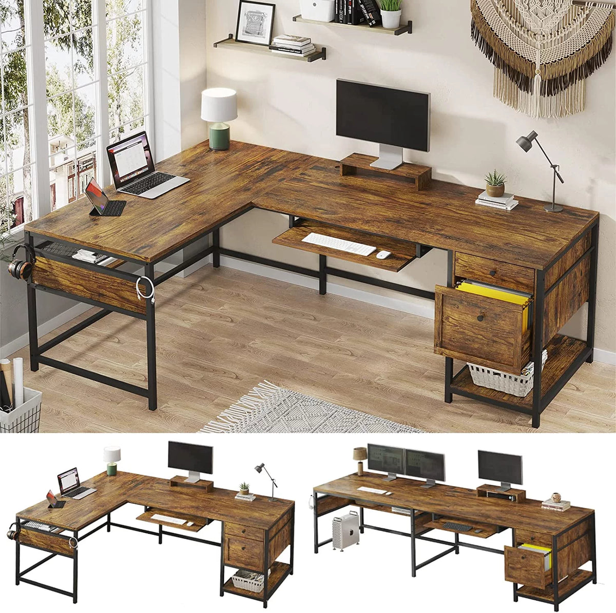 69" L Shaped Computer Desk with LED Lights and File Drawers K247