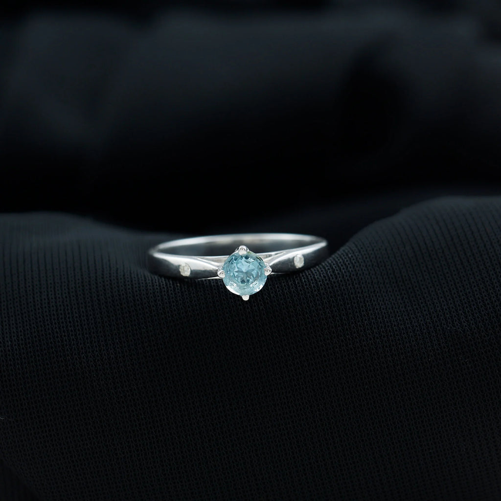 Aquamarine Solitaire Ring with Diamond, 925 Sterling Silver F343083