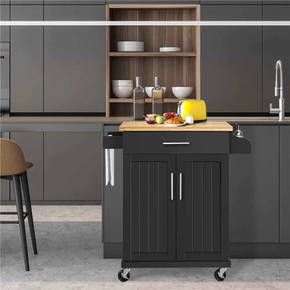Black Rolling Kitchen Cart with Spice Rack and Drawer U48436