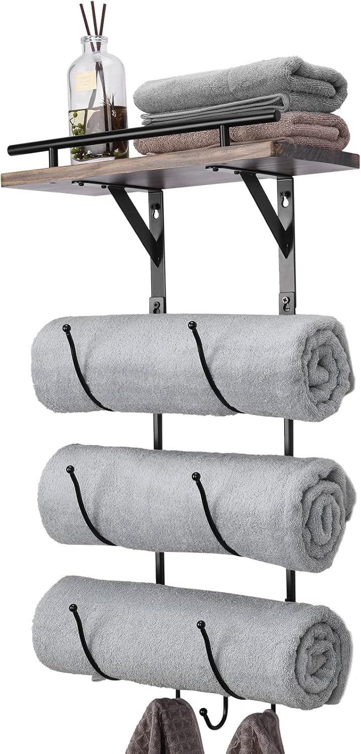 Metal Towel Rack with Wooden Shelf and 3 Hooks E698