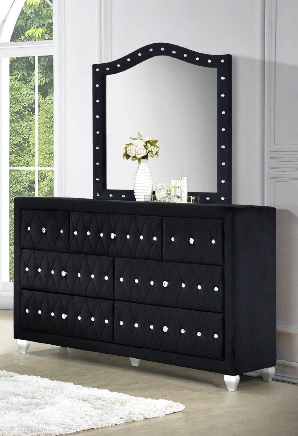 Black Velvet 4Pc Queen Size Bed Dresser Mirror Nightstand Set R125698
