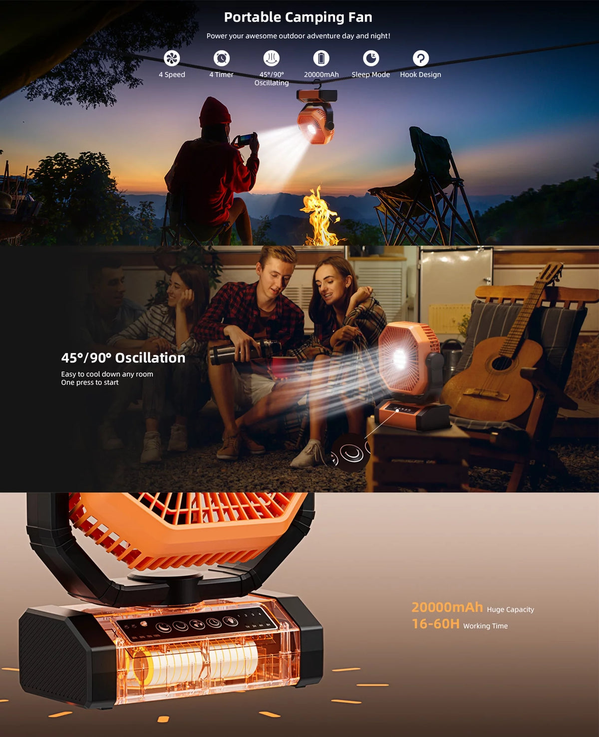 Portable Camping Fan 20000mAh Rechargeable with LED Lantern T294951