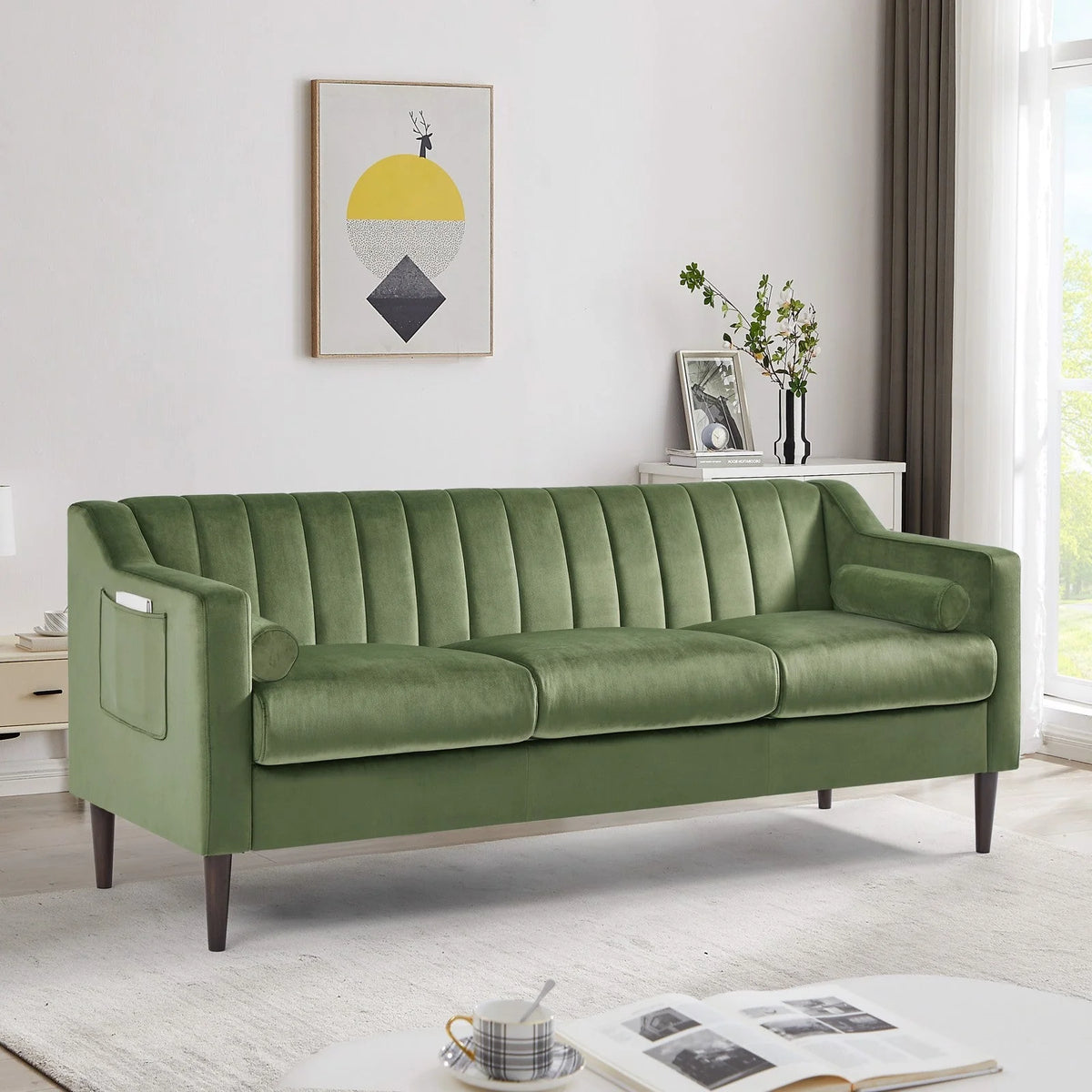 Velvet Upholstered Chesterfield Sofa with Wooden Legs Y7624