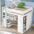 White Wood Full Size Loft Bed with Wardrobes Desk and Storage X6614