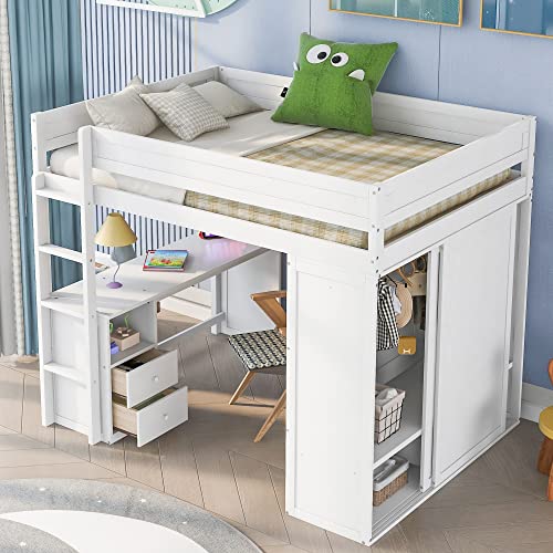 White Wood Full Size Loft Bed with Wardrobes Desk and Storage X6614
