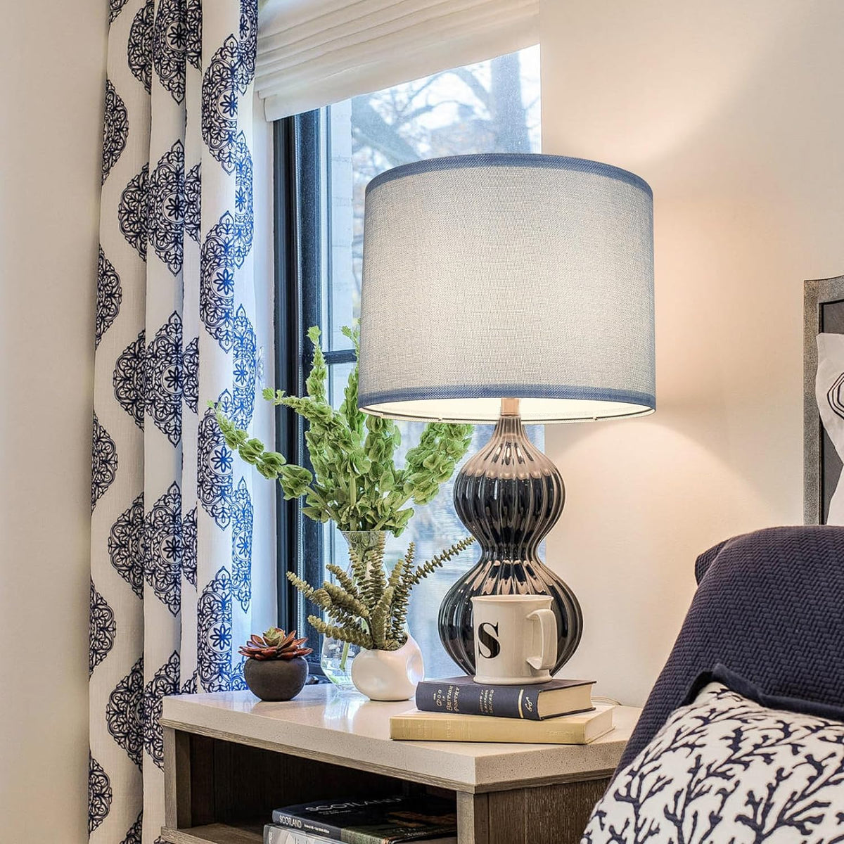 Blue 13" x 13" x 10" Drum Fabric Lamp Shades Set of 2 A83598
