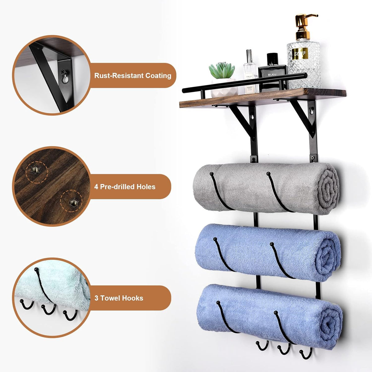 Metal Towel Rack with Wooden Shelf and 3 Hooks E698