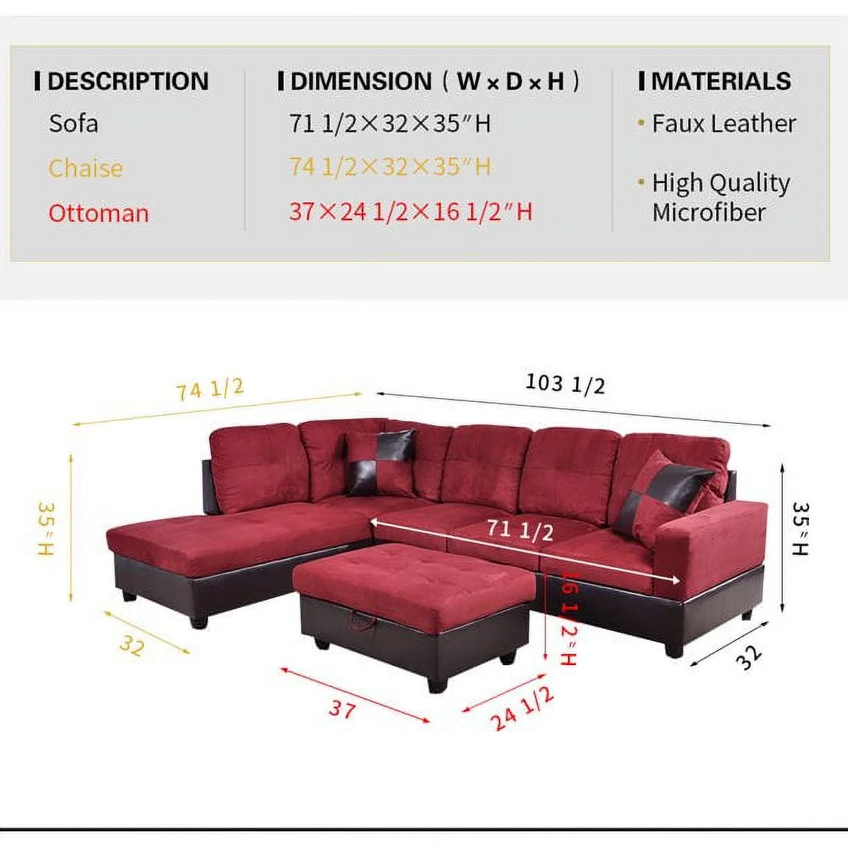 Red Microfiber Sectional Sofa with Storage Ottoman Q932558