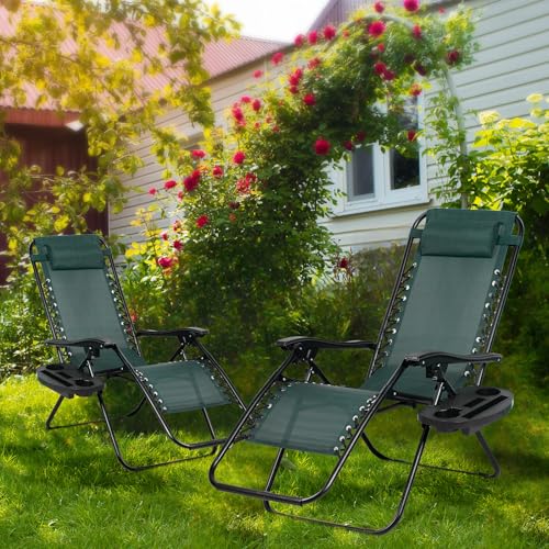 Set of 2 Adjustable Steel Mesh Zero Gravity Lounge Chairs with Pillow and Cup Holder C237917