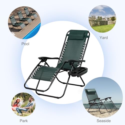 Set of 2 Adjustable Steel Mesh Zero Gravity Lounge Chairs with Pillow and Cup Holder C237917