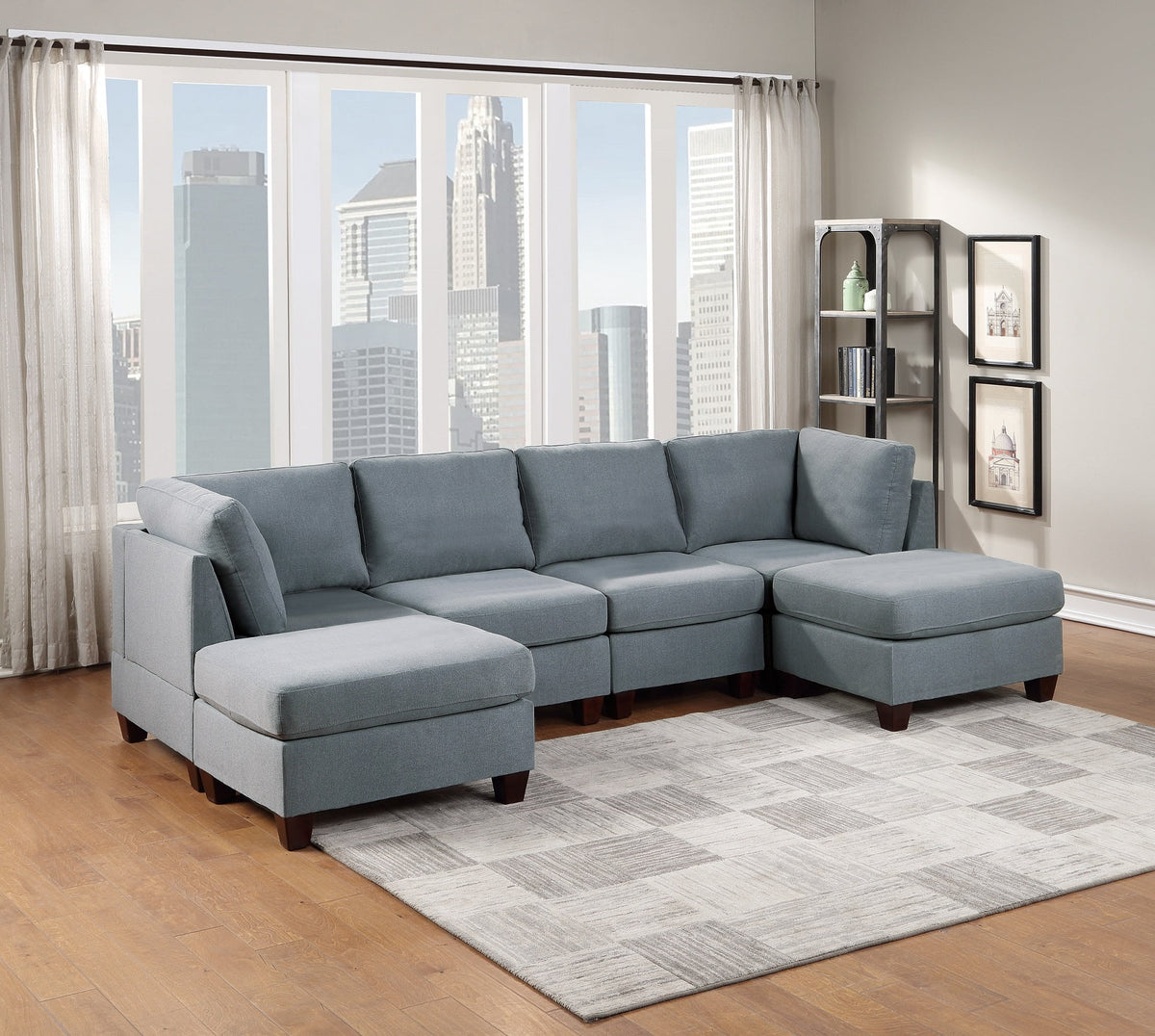 6 Pcs Gray Linen Like Fabric U-Shaped Sectional Sofa Set D104