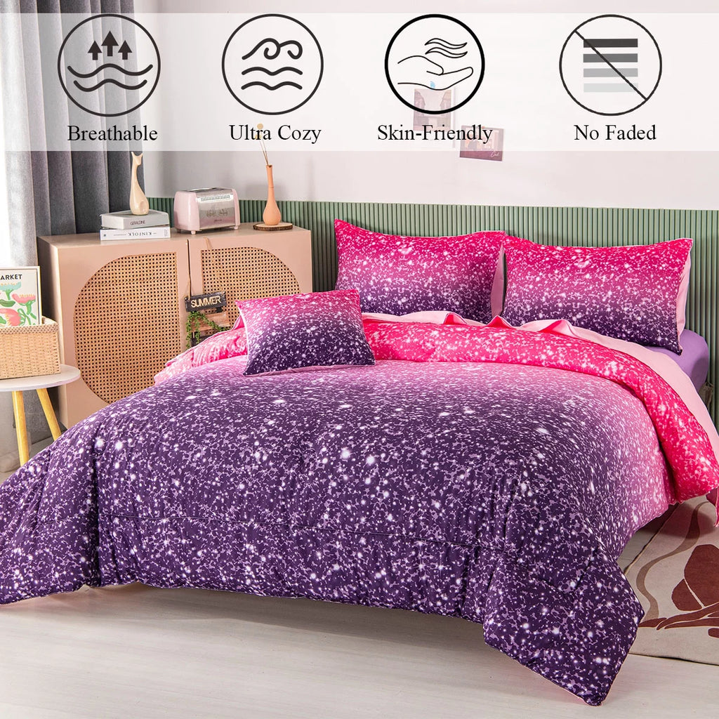 6Pcs Twin Gradient Pink Purple Glitter Comforter Sets O945