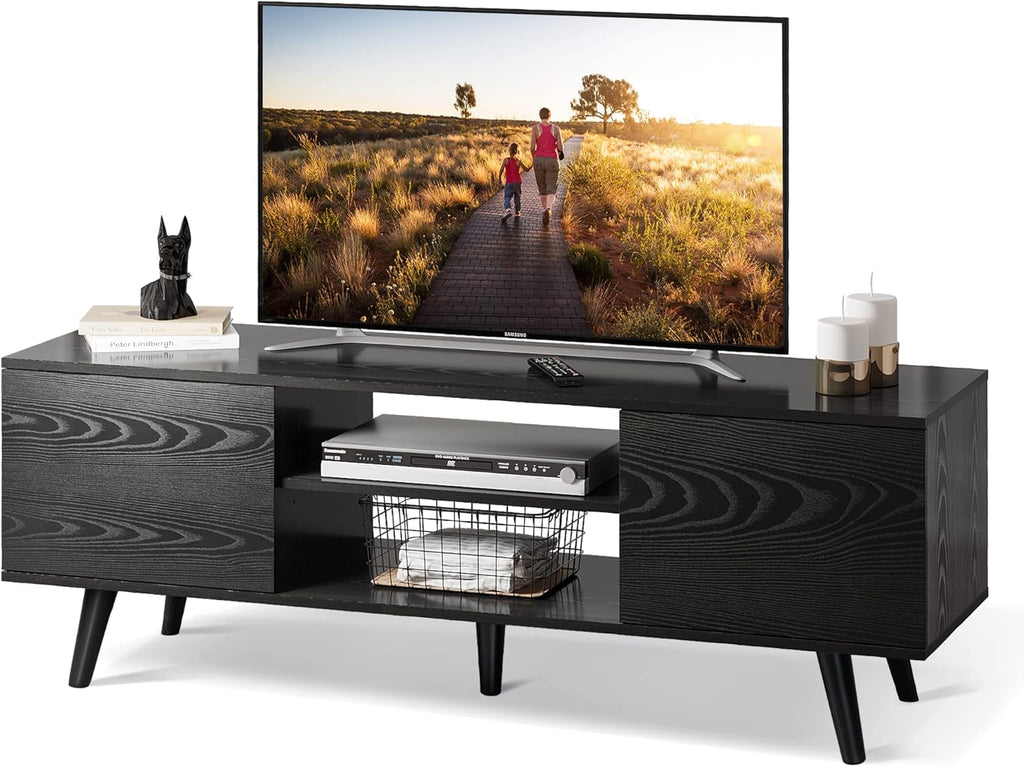 Black TV Stand with Storage Cabinet and Open Shelves U52388