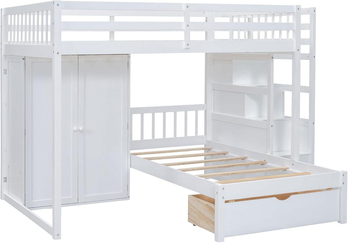 White Wood Bunk Bed with Wardrobe, Staircase and Drawers G8872