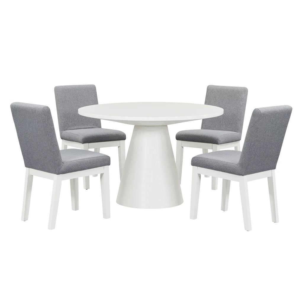 White 5 Piece Round Wood Dining Table Set with 4 Upholstered Chairs J80101