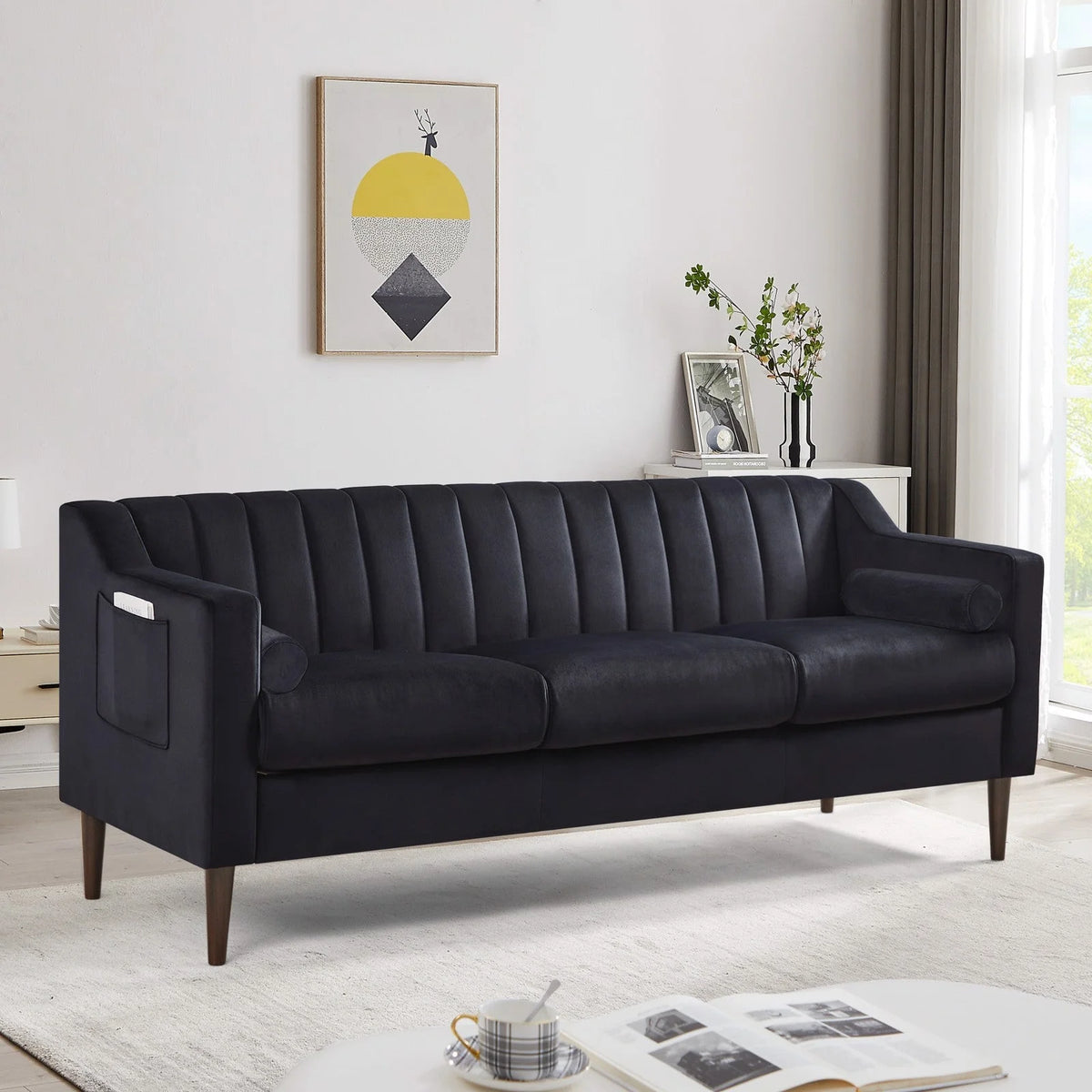 Velvet Upholstered Chesterfield Sofa with Wooden Legs Y7624
