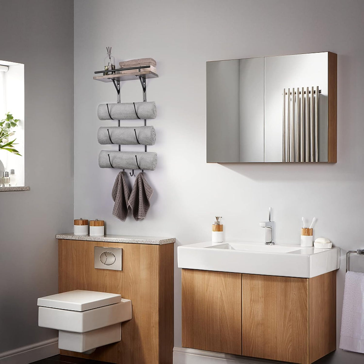 Metal Towel Rack with Wooden Shelf and 3 Hooks E698