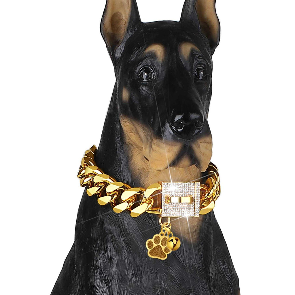 Dog Chain Collar Gold with CZ Buckle 19mm Cuban Link Metal R596120
