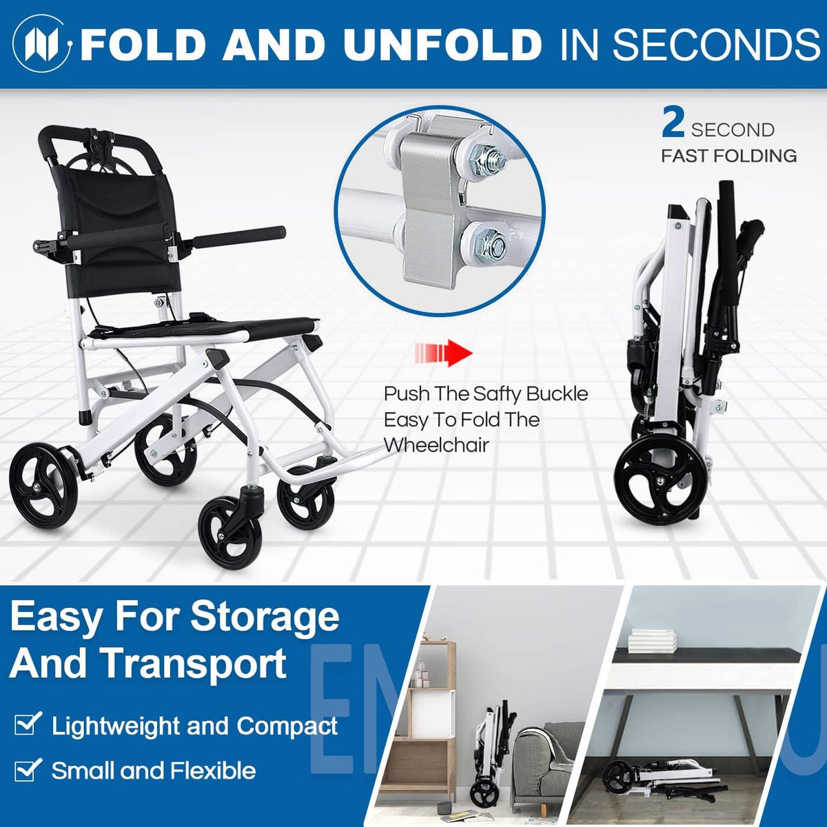 Ultra Light Folding Transport Wheelchair, 16lbs, Aluminum, Handbrakes, Support 220 Lbs G456