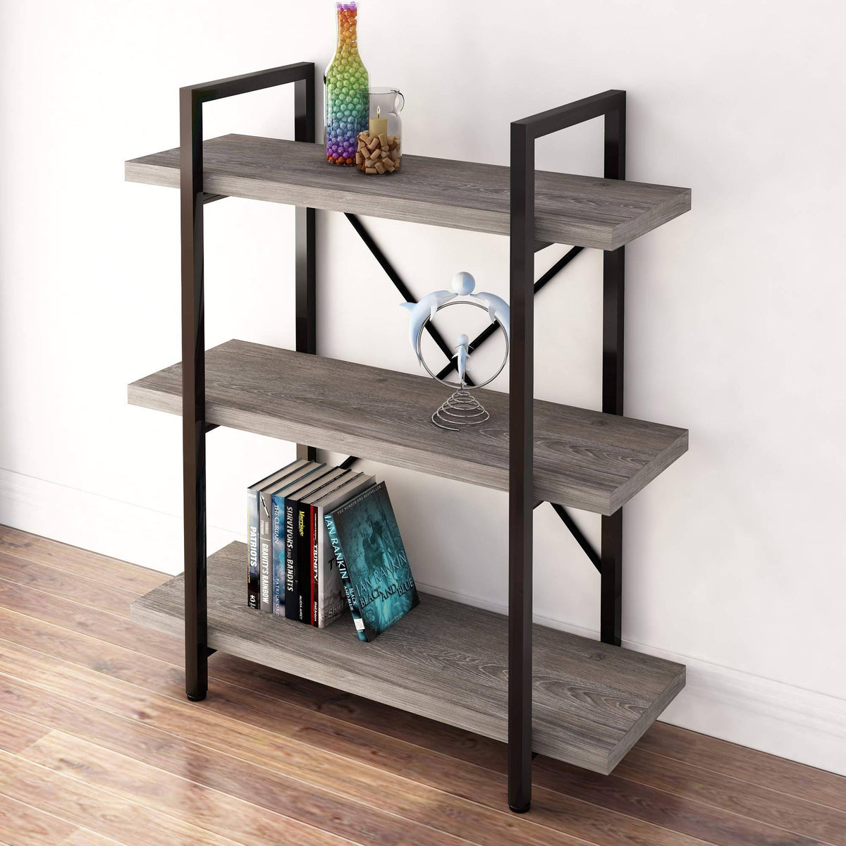3-Tier Gray Oak Metal and Wood Bookshelf E1446