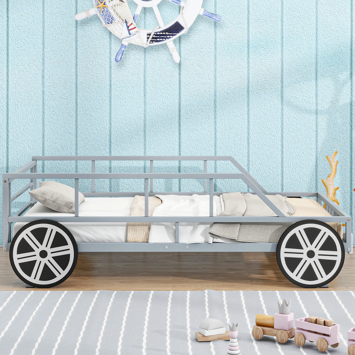 Metal Twin Size Car-Shaped Platform Bed with Tires O309103