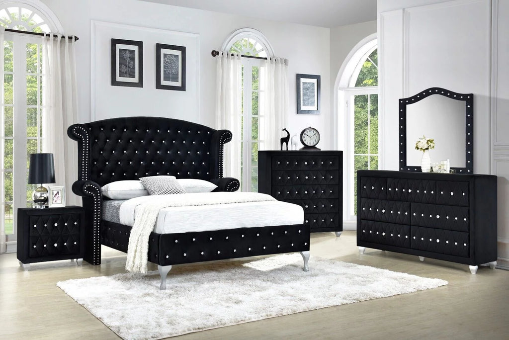 Black Velvet 4Pc Queen Size Bed Dresser Mirror Nightstand Set R125698