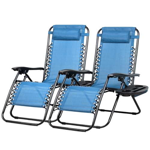 Set of 2 Adjustable Steel Mesh Zero Gravity Lounge Chairs with Pillow and Cup Holder C237917