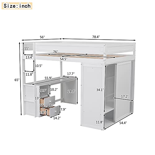 White Wood Full Size Loft Bed with Wardrobes Desk and Storage X6614