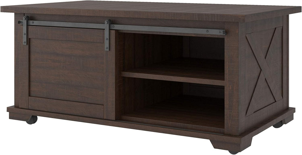 Farmhouse Rectangular Coffee Table with Sliding Barn Doors, Dark Brown V245741