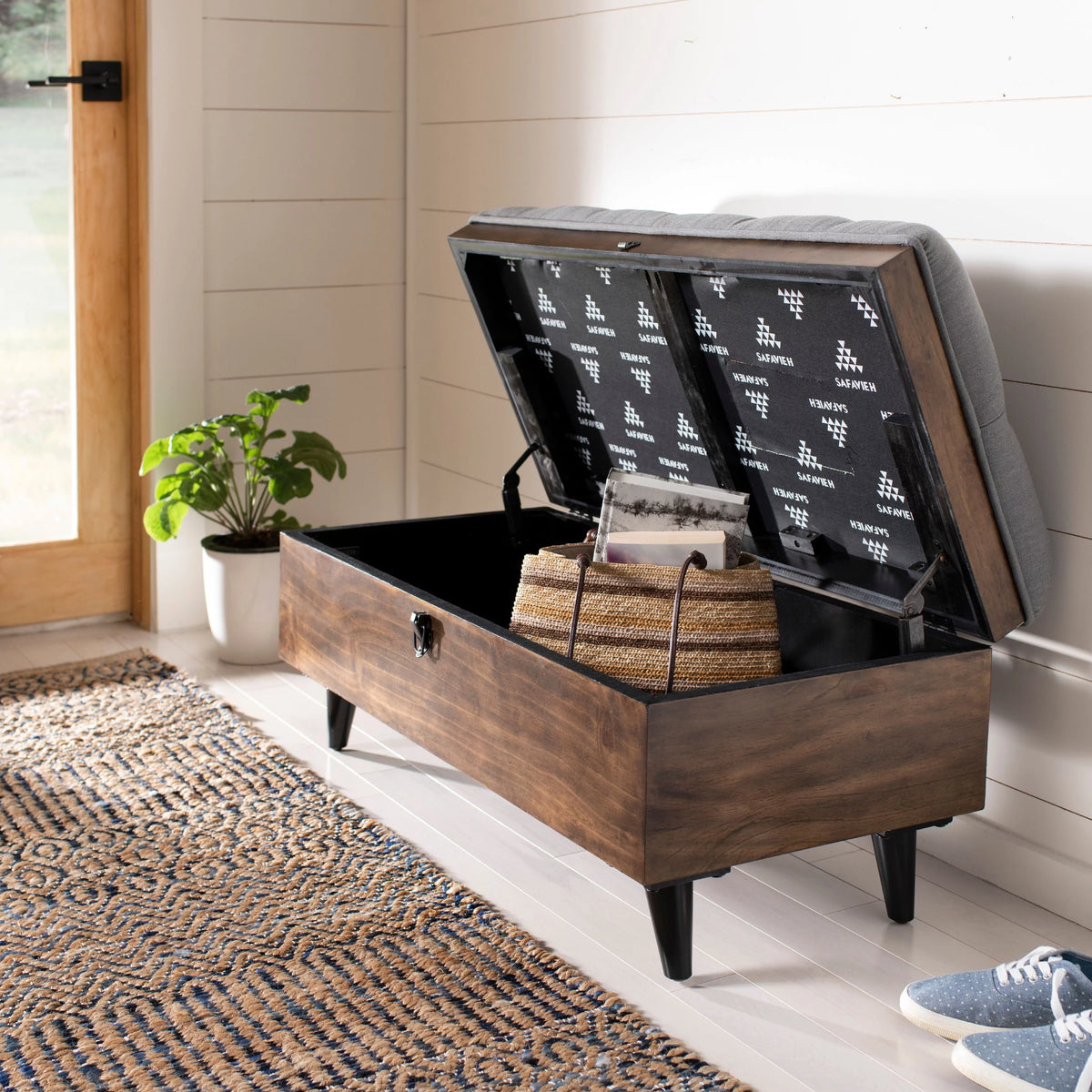 Grey Linen Storage Ottoman Q4341