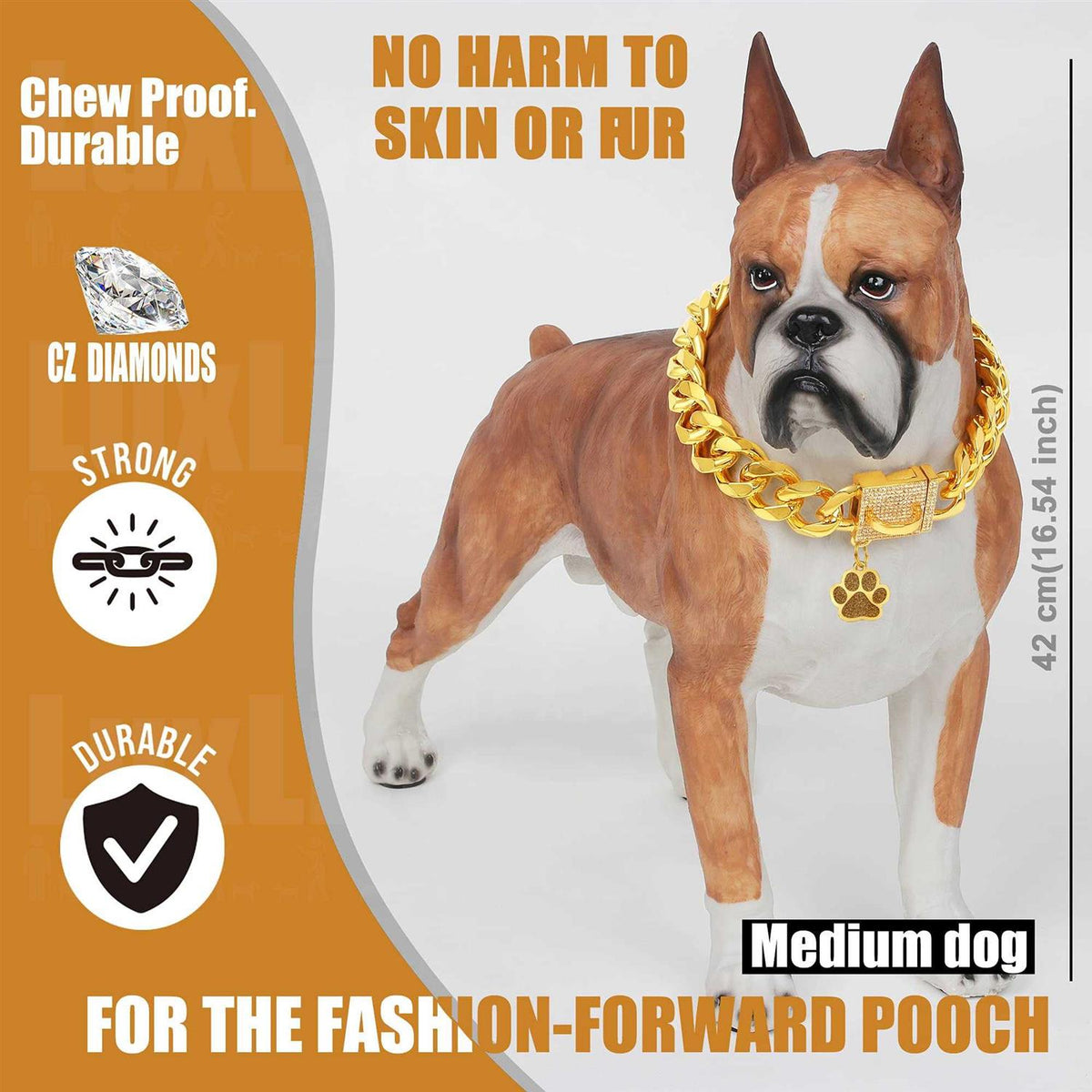 Dog Chain Collar Gold with CZ Buckle 19mm Cuban Link Metal R596120