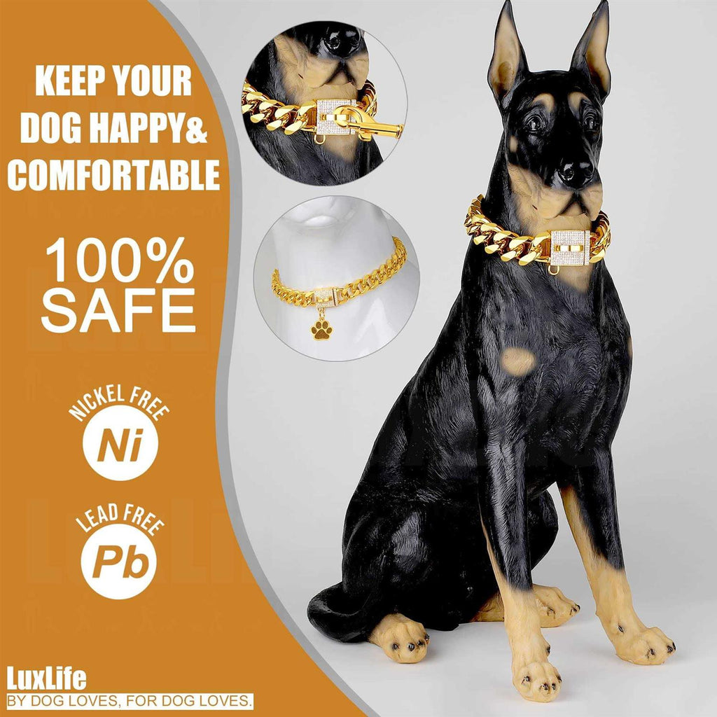 Dog Chain Collar Gold with CZ Buckle 19mm Cuban Link Metal R596120