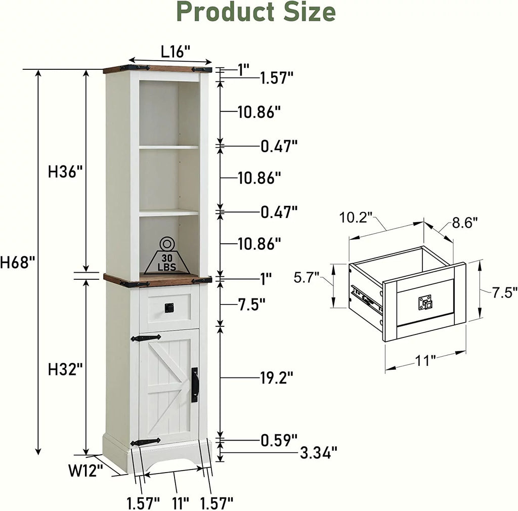 White 68" Farmhouse Bathroom Storage Cabinet with Drawer J23498