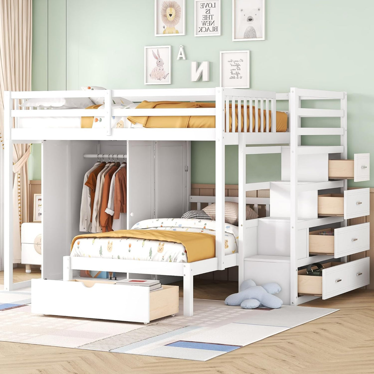 White Wood Bunk Bed with Wardrobe, Staircase and Drawers G8872