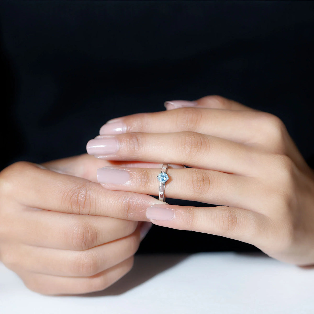 Aquamarine Solitaire Ring with Diamond, 925 Sterling Silver F343083