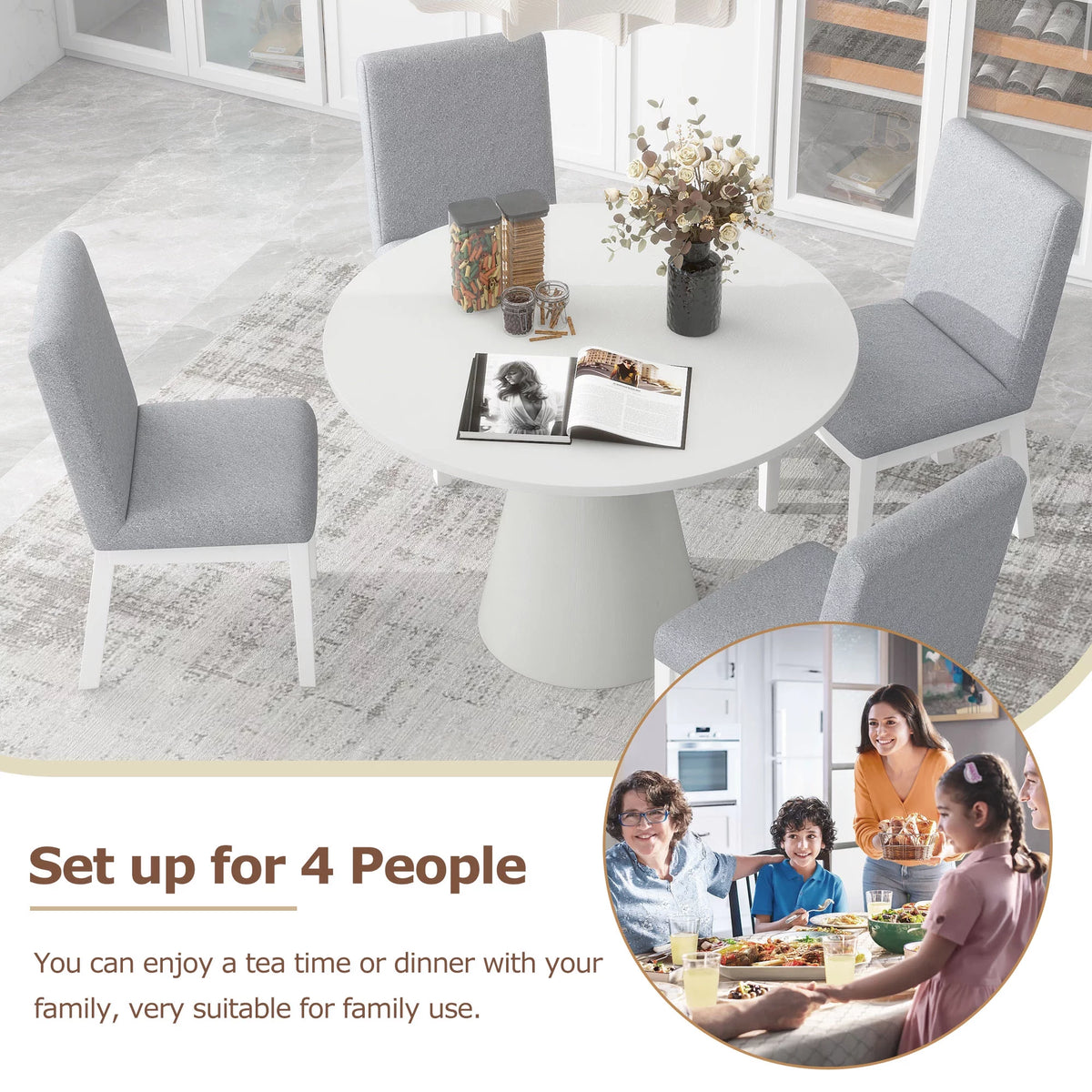 White 5 Piece Round Wood Dining Table Set with 4 Upholstered Chairs J80101