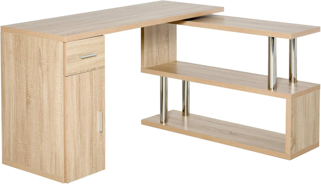 White L-Shaped Rotating Computer Desk with Storage Shelves, Cabinet and Drawer H18781